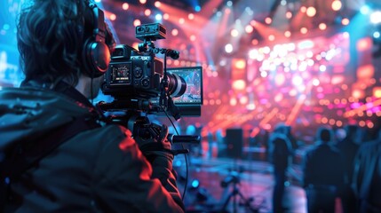 A man filming a concert with a video camera. Suitable for music event promotion