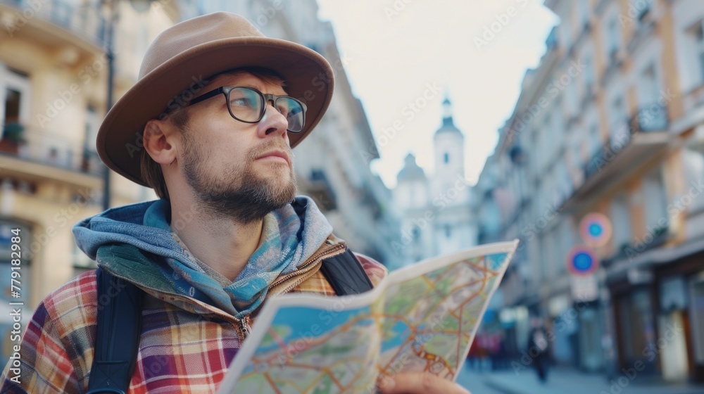 Poster A man wearing a hat and glasses examining a map. Ideal for travel and navigation concepts