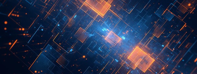 Abstract background with glowing blue and orange lights on the dark grid pattern, data technology concept. Abstract futuristic digital network or binary code Background for web design. 