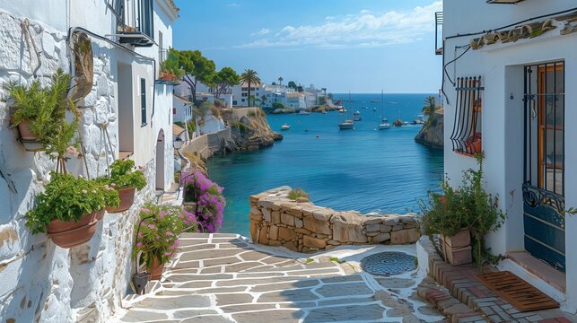 Fototapeta Serene Coastal Village by the Harbor, generative ai