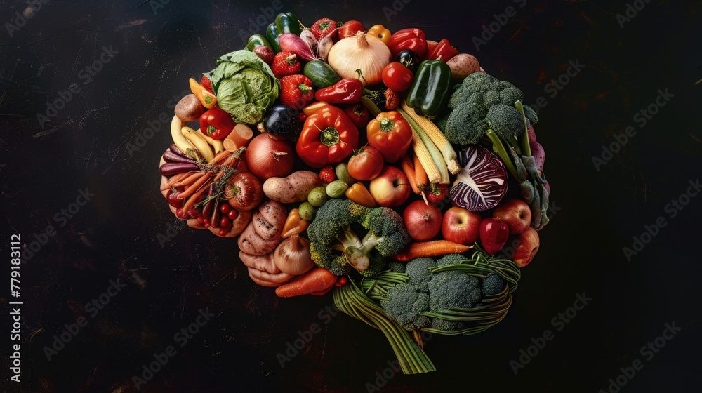 Aufkleber a creative arrangement of various fruits and vegetables shaped like a brain. ideal for health and nu