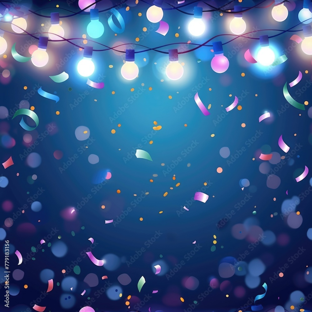 Poster festive blue background with colorful confetti and glowing lights. perfect for party invitations or 