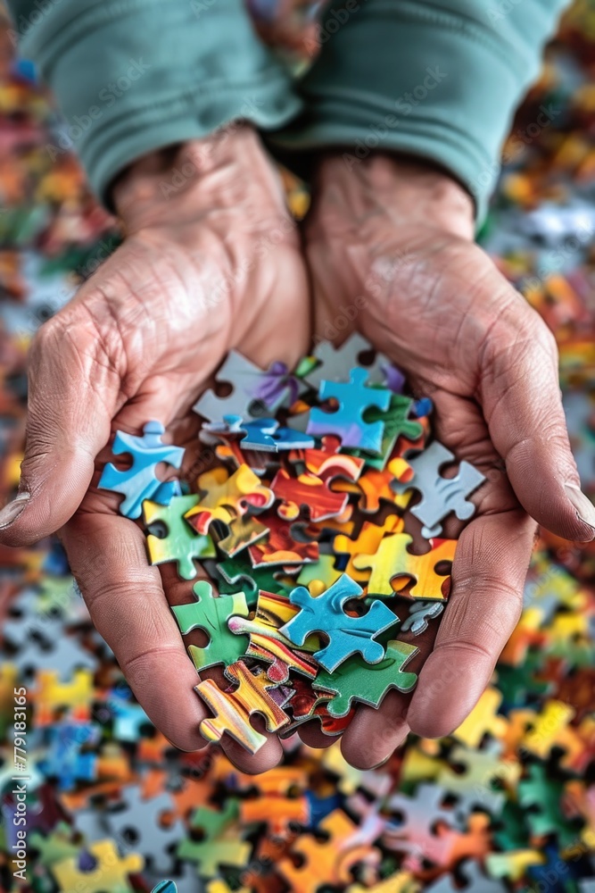 Poster person holding a puzzle piece, versatile image for various concepts