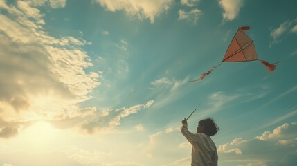 A young girl flying a kite in the sky, suitable for various outdoor activities promotions