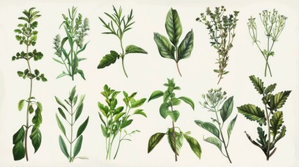 Fototapeta na wymiar Different types of herbs displayed on a white background. Suitable for culinary, health, and wellness concepts