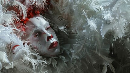 Close-up of a clown's face with white feathers, perfect for circus or party themes