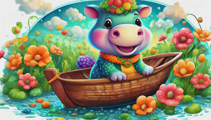 oil painting style CARTOON CHARACTER CUTE baby hippo in a boat on the lake