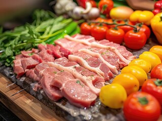 preparation scene, colorful vegetables and raw sliced pork steaks are laid out, ready for skewering and marinating. The vibrant veggies add a burst of freshness and color, 