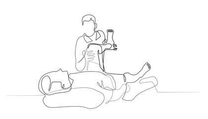 continuous line drawing of foot nerve therapy.single line vector of doctor health therapy to patient.stretching leg muscles