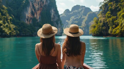 Two women sitting on a boat, perfect for travel concept