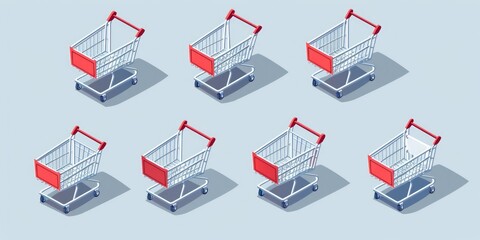 A row of shopping carts with red handles, perfect for retail or consumerism concepts - obrazy, fototapety, plakaty