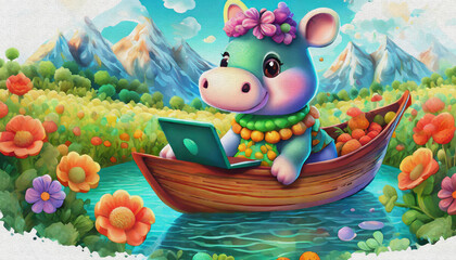 oil painting style CARTOON CHARACTER CUTE baby hippo game of lap top