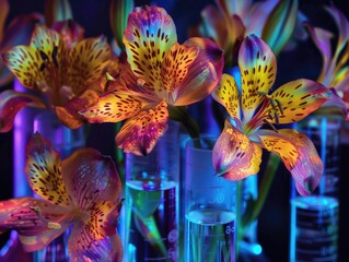 captivating concept of biology and chemistry research, vibrant flowers serve as the focal point, symbolizing the intersection of nature and science. 