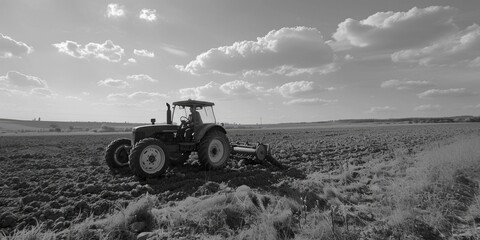 Black and white photo of a tractor in a field, suitable for agricultural concepts