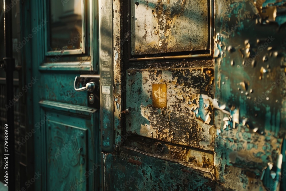 Poster close-up of a weathered door with peeling paint. suitable for architectural or renovation concepts