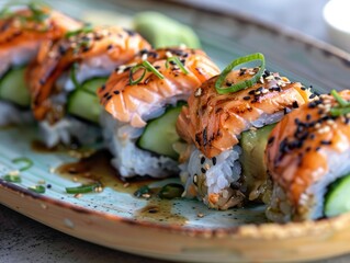 delectable creation, grilled salmon sushi rolls showcase the fusion of Japanese and Western flavors. Tender grilled salmon fills each roll, complemented by creamy avocado,