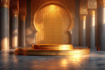 Golden podium in the middle of the main hall of a royal palace. - obrazy, fototapety, plakaty