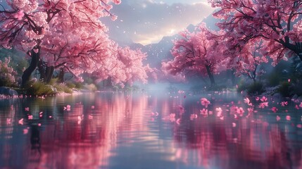 Obraz na płótnie Canvas Serenity by the Blossom River, generative ai