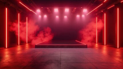 Stage with curtains and spotlight. Futuristic empty room with red neon lights. 