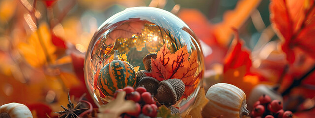 glass ball with pumpkin autumn leaves