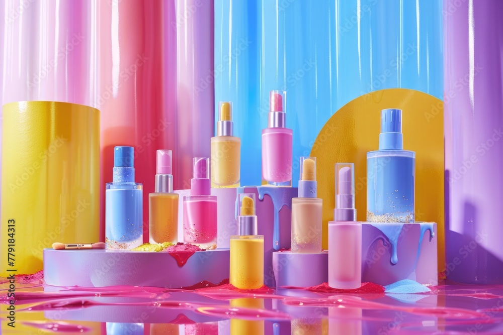 Poster Various colored bottles arranged neatly on a table. Suitable for product display or interior design concepts