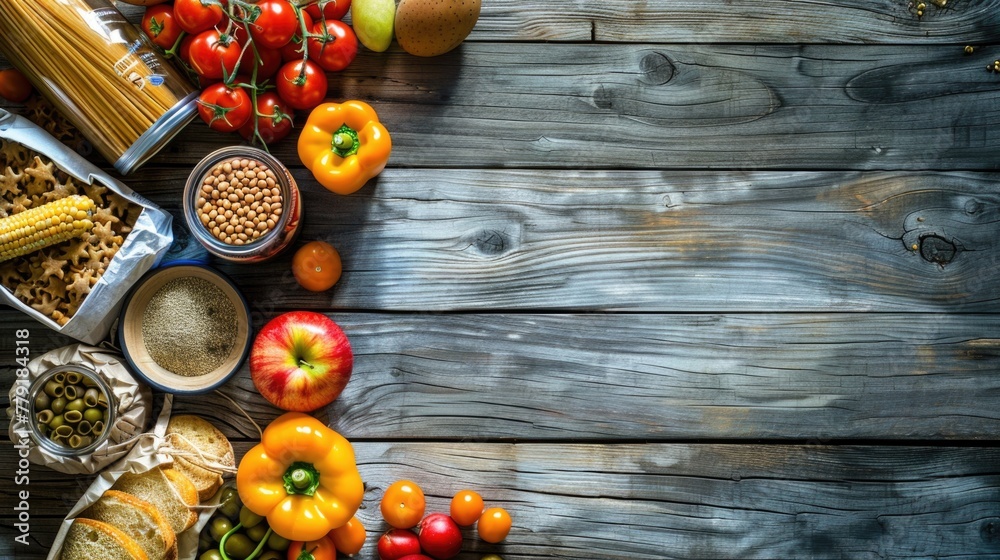 Poster a selection of various foods displayed on a wooden table. perfect for food bloggers or restaurant me