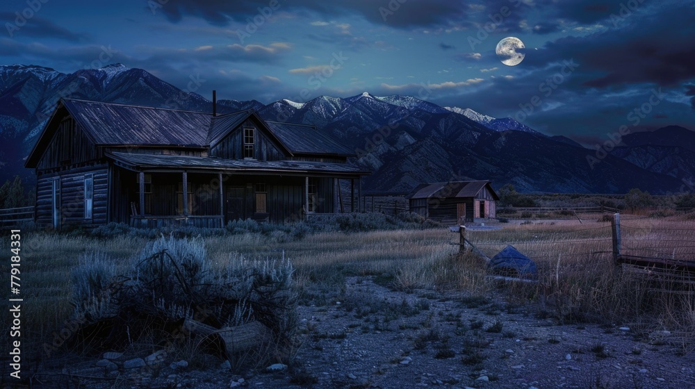 Poster an old house in a field with mountains in the background. suitable for real estate or nature concept