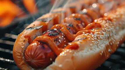 A close-up shot of a sizzling hotdog fresh off the grill, perfectly charred and nestled in a soft, sesame seed bun. - obrazy, fototapety, plakaty