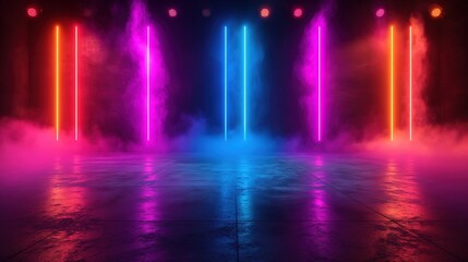 Background with lights. Empty stage with neon lights and smoke. Computer digital drawing.