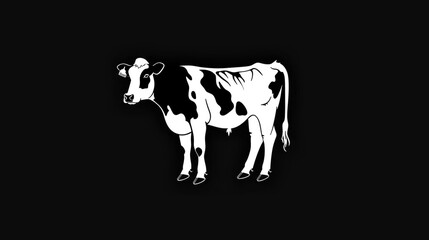 A black and white cow standing on a black background. Suitable for agricultural or livestock themes