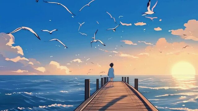 alone figure fishing off an ocean pier at dawn, with seagulls soaring overhead and waves gently lapping against the wooden planks, cute Lofi loop anime Seamless looping animation.