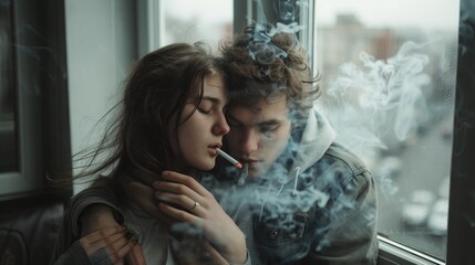 A man and a woman smoking on a window sill. Suitable for lifestyle or urban themes