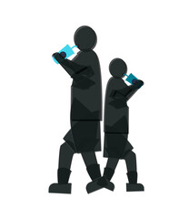 Two people are walking and drinking from cup