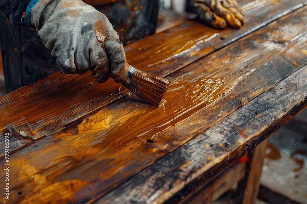 Poster a person using a brush to paint a wooden table. ideal for diy or home improvement concepts