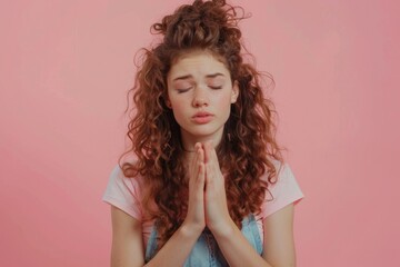 A woman with curly hair is captured in a moment of prayer. Ideal for religious or spiritual concepts