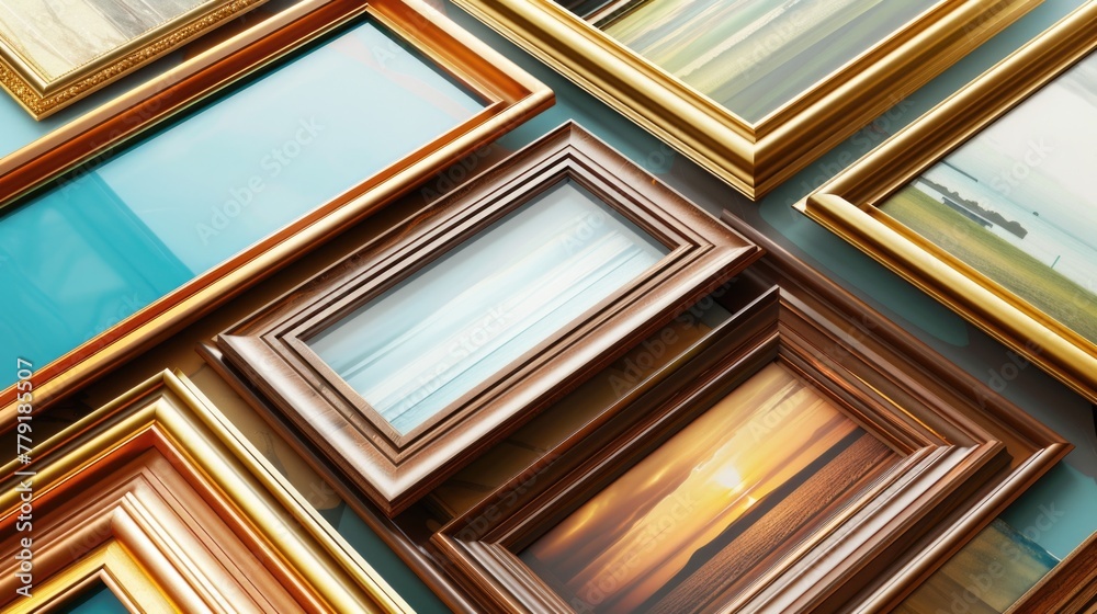 Poster a collection of picture frames displayed on a wall, ideal for home decor projects