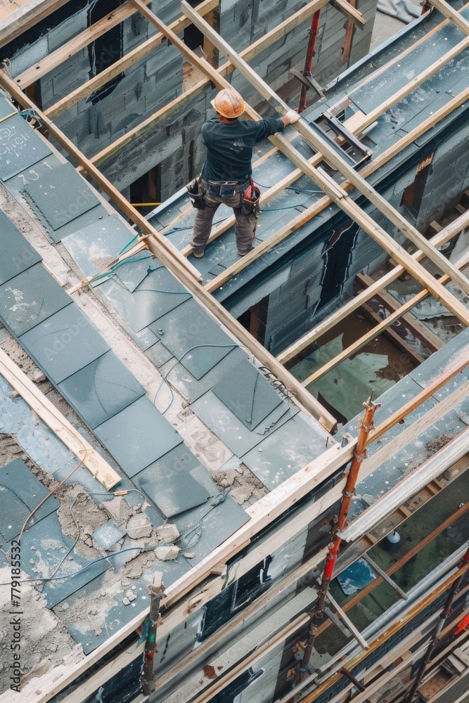 Poster a man standing on top of a building under construction. suitable for construction industry concepts