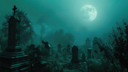 Eerie night scene with full moon over cemetery. Suitable for Halloween themes - obrazy, fototapety, plakaty
