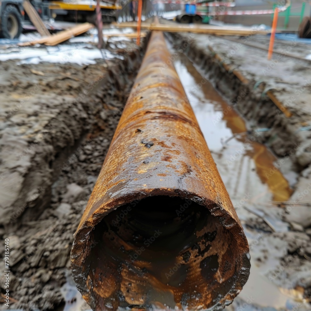 Poster a rusty pipe laying on the side of a road. suitable for industrial and construction themes