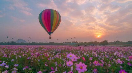 Color hot air balloon over pink cosmos flowers garden,Hot Air Balloon
