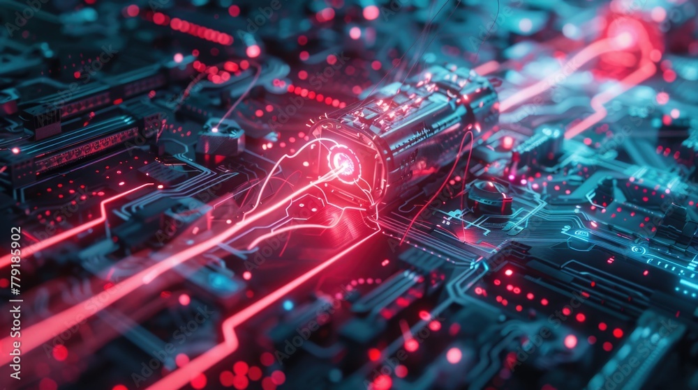 Poster High-tech computer circuit board with vibrant red and blue lights. Ideal for technology and innovation concepts