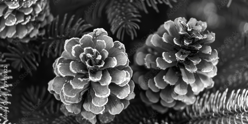 Poster close up of two pine cones on a tree, perfect for nature backgrounds