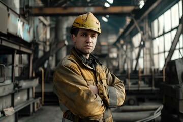 A man in a hard hat standing in a factory. Suitable for industrial concepts