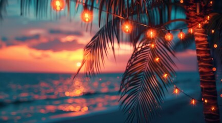 tropical summer night with palm trees and hanging strings of light