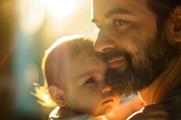 portrait of father holding the baby, candid, sun and shadows for Father's Day - obrazy, fototapety, plakaty