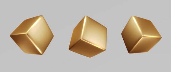 Golden cube Isolated. Realistic 3d object shapes cube and geometric block, square. Gold color vector element