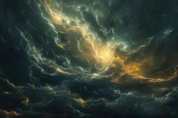 mystical golden light breaking through dark stormy clouds, a dramatic and ethereal sky scene