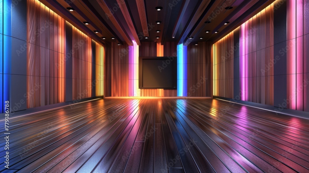Poster A large room with a wooden floor illuminated by colorful lights. Perfect for event or party themes