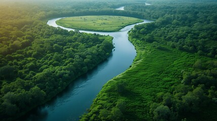 Fototapeta na wymiar Serene River Bend in Lush Greenery, generative ai