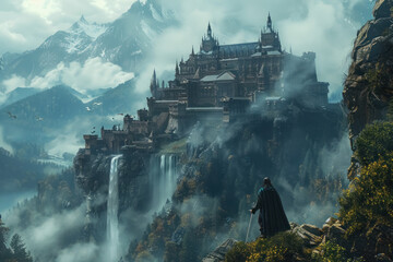 mystical mountain castle amidst foggy forest with a cloaked figure overlooking the scene - obrazy, fototapety, plakaty